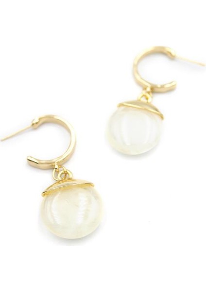 Taşlı Halkalı Küpe - Krem