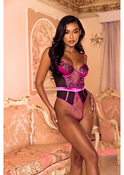 Fuşya Dantel Işlemeli Kalp Desenli Kadın Gecelik Body Takımı fiyatları