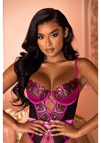 Fuşya Dantel Işlemeli Kalp Desenli Kadın Gecelik Body Takımı modelleri