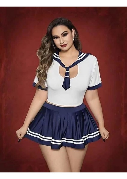 Miss Büyük Beden Lacivert Mini Etekli Kadın Denizci Kostümü