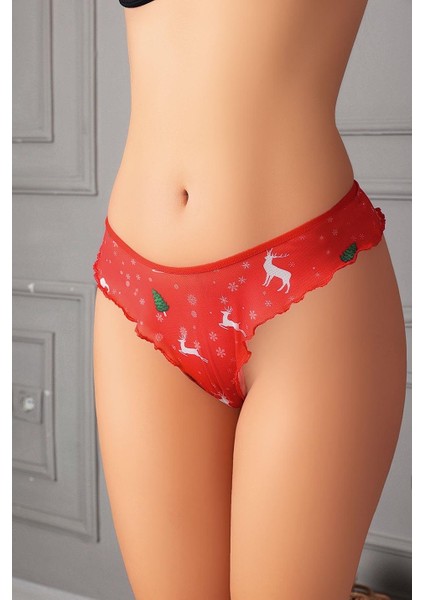 Yılbaşı Desenli Özel Bölgesi Açık Kadın Tanga String modelleri