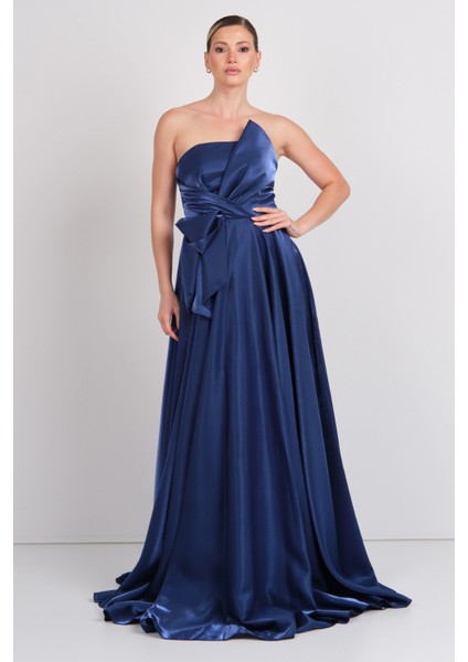 Kadın Straplez Parlak Saten Kumaş Maxi Abiye Elbise 5785 Lacivert