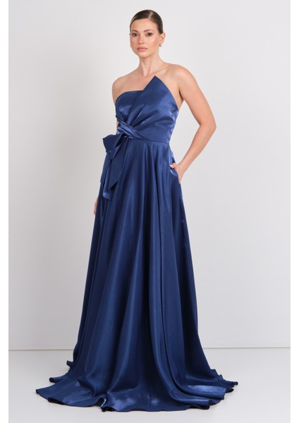 Kadın Straplez Parlak Saten Kumaş Maxi Abiye Elbise 5785 Lacivert fiyatları