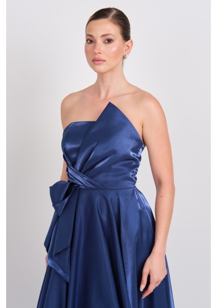 Kadın Straplez Parlak Saten Kumaş Maxi Abiye Elbise 5785 Lacivert modelleri