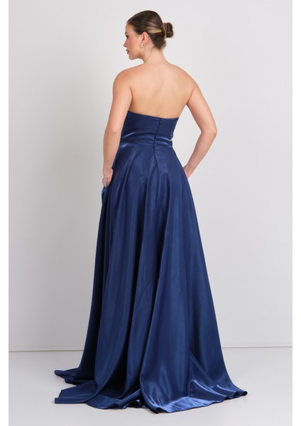 Kadın Straplez Parlak Saten Kumaş Maxi Abiye Elbise 5785 Lacivert fırsatları