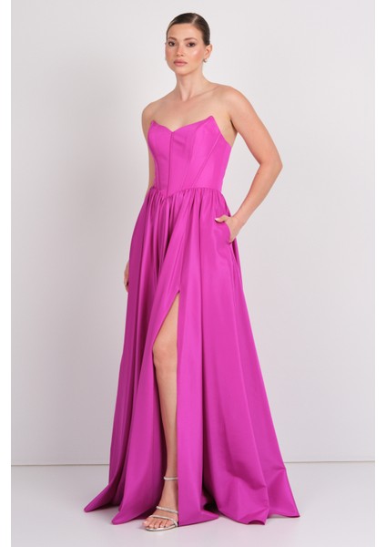 Kadın Beli Korsajlı Straplez Tafta Kumaş Maxi Abiye Elbise 6133 Fuşya