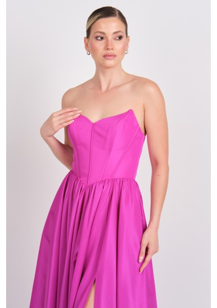 Kadın Beli Korsajlı Straplez Tafta Kumaş Maxi Abiye Elbise 6133 Fuşya modelleri