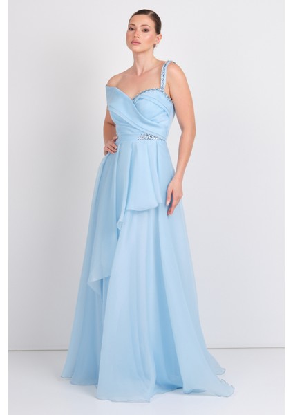 Kadın Tek Omuz Detaylı Şifon Kumaş Maxi Abiye Elbise 5614 Mavi