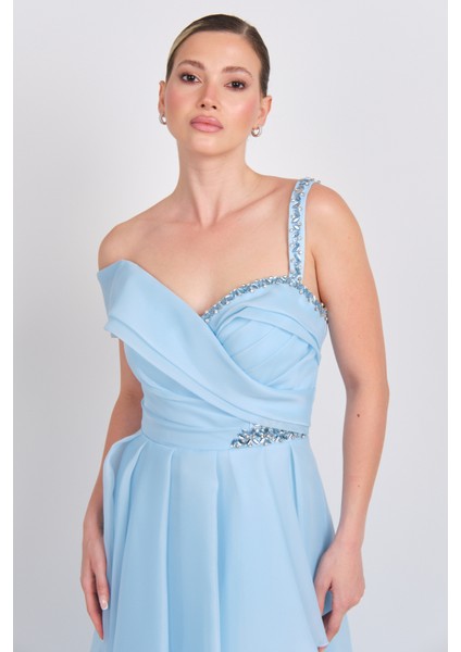 Kadın Tek Omuz Detaylı Şifon Kumaş Maxi Abiye Elbise 5614 Mavi fiyatları