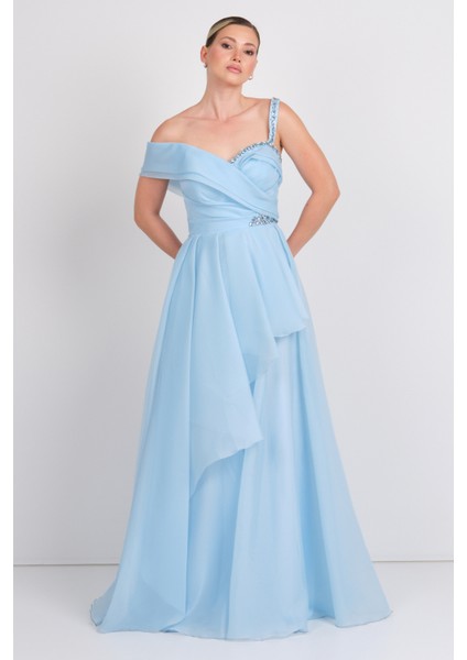 Kadın Tek Omuz Detaylı Şifon Kumaş Maxi Abiye Elbise 5614 Mavi fırsatları