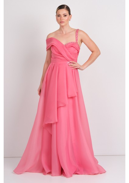 Kadın Tek Omuz Detaylı Şifon Kumaş Maxi Abiye Elbise 5614 Mercan