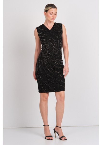 Kadın Taş Işlemeli Simli Kolsuz Elbise 5942 Siyah