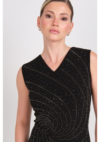 Kadın Taş Işlemeli Simli Kolsuz Elbise 5942 Siyah modelleri