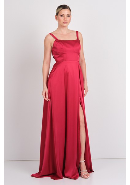 Kadın Kare Yaka Sırt Detaylı Maxi Boy Saten Abiye Elbise 7089 Bordo