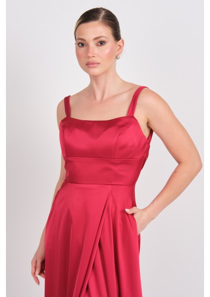 Kadın Kare Yaka Sırt Detaylı Maxi Boy Saten Abiye Elbise 7089 Bordo modelleri