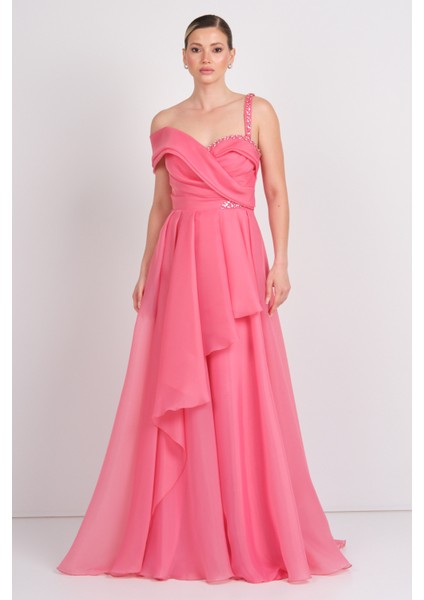 Kadın Tek Omuz Detaylı Şifon Kumaş Maxi Abiye Elbise 5614 Mercan modelleri