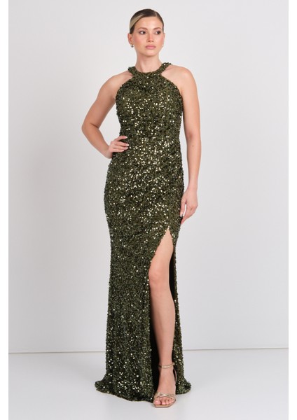 Kadın Halter Yaka Full Payetli Maxi Abiye Elbise 5284 Haki