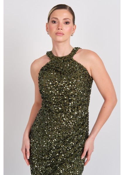 Kadın Halter Yaka Full Payetli Maxi Abiye Elbise 5284 Haki fiyatları