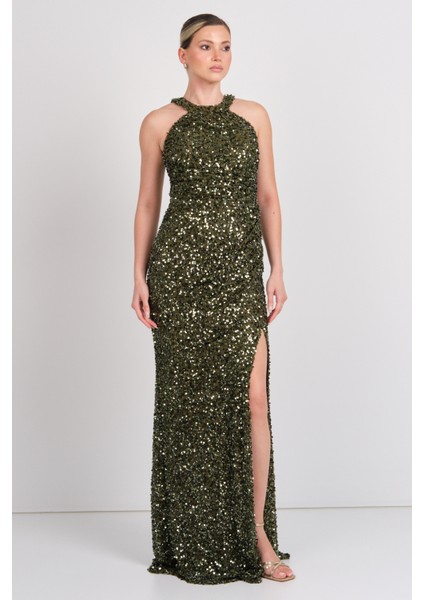 Kadın Halter Yaka Full Payetli Maxi Abiye Elbise 5284 Haki modelleri