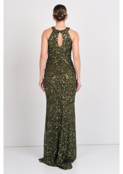 Kadın Halter Yaka Full Payetli Maxi Abiye Elbise 5284 Haki fırsatları
