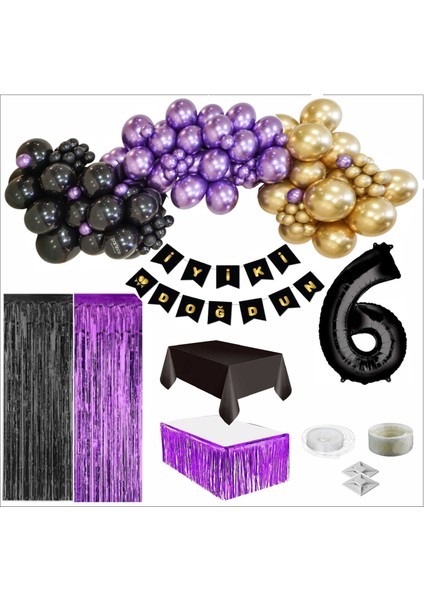 6 Yaş Siyah, Gold, Mor Balon, Siyah-Gold Doğum Günü Seti