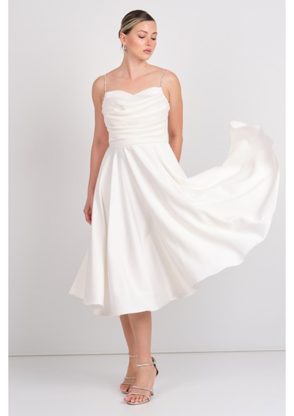 Kadın Taşlı Ip Askılı Drapeli Saten Abiye Elbise 1749 Ekru