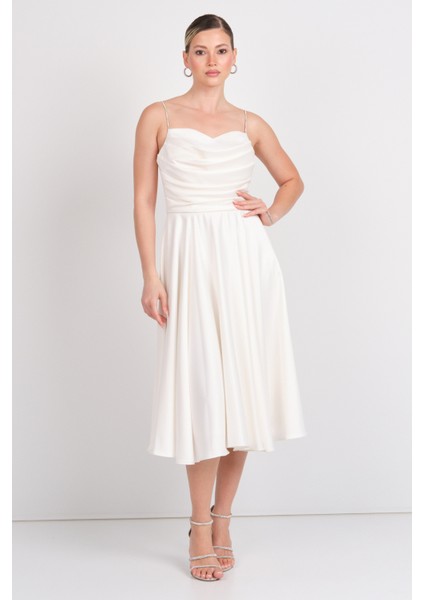 Kadın Taşlı Ip Askılı Drapeli Saten Abiye Elbise 1749 Ekru fiyatları