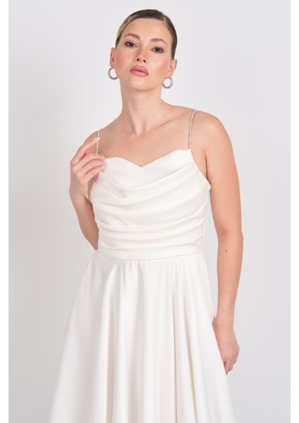 Kadın Taşlı Ip Askılı Drapeli Saten Abiye Elbise 1749 Ekru modelleri