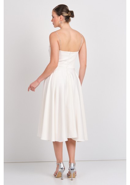 Kadın Taşlı Ip Askılı Drapeli Saten Abiye Elbise 1749 Ekru fırsatları