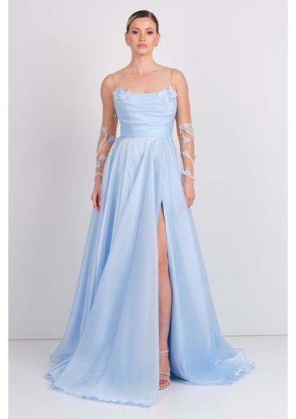 Kadın Ip Askılı Derin Yırtmaçlı Uzun Abiye Elbise 0482 Bebe Mavisi