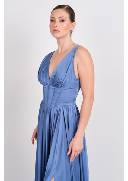 Kadın Derin V Yaka Sırttan Bağlamalı Maxi Abiye Elbise 7091 Indigo fiyatları
