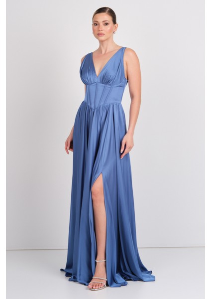 Kadın Derin V Yaka Sırttan Bağlamalı Maxi Abiye Elbise 7091 Indigo modelleri