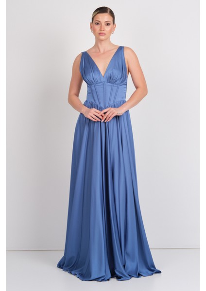 Kadın Derin V Yaka Sırttan Bağlamalı Maxi Abiye Elbise 7091 Indigo fırsatları