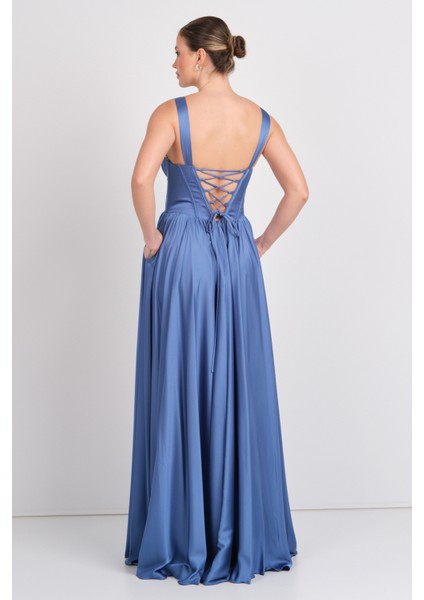 Kadın Derin V Yaka Sırttan Bağlamalı Maxi Abiye Elbise 7091 Indigo indirimleri