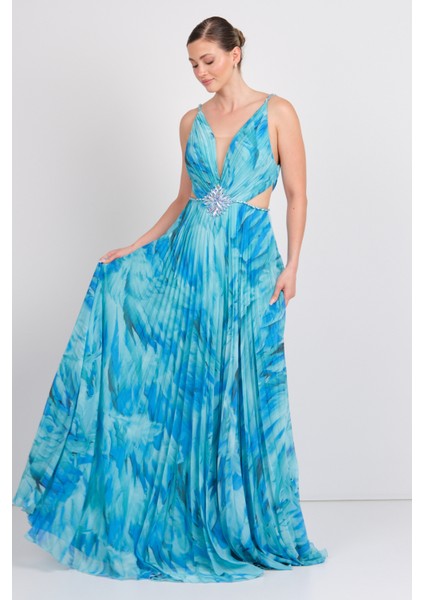 Kadın Derin V Yakalı Desenli Pencere Detaylı Maxi Abiye Elbise 5512 Turkuaz