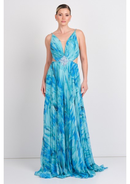 Kadın Derin V Yakalı Desenli Pencere Detaylı Maxi Abiye Elbise 5512 Turkuaz fiyatları