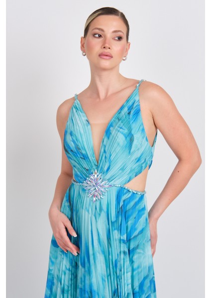 Kadın Derin V Yakalı Desenli Pencere Detaylı Maxi Abiye Elbise 5512 Turkuaz modelleri