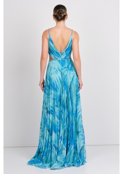 Kadın Derin V Yakalı Desenli Pencere Detaylı Maxi Abiye Elbise 5512 Turkuaz fırsatları