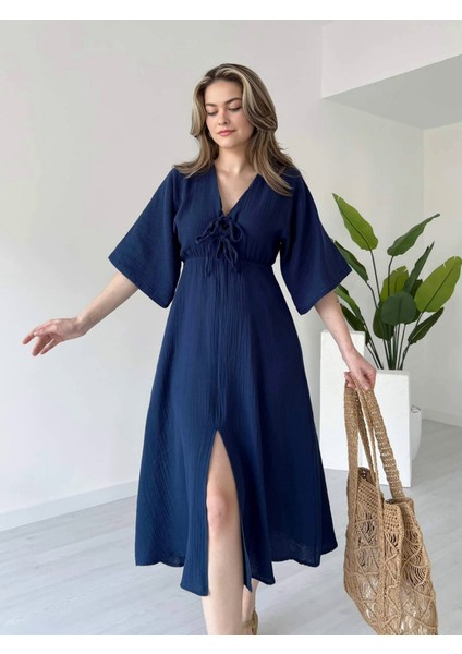 V Yaka Göğsü Bağcıklı Önü Yırtmaçlı Midi Boy Müslin Keten Elbise fiyatları