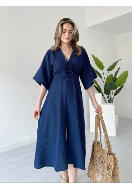 V Yaka Göğsü Bağcıklı Önü Yırtmaçlı Midi Boy Müslin Keten Elbise modelleri