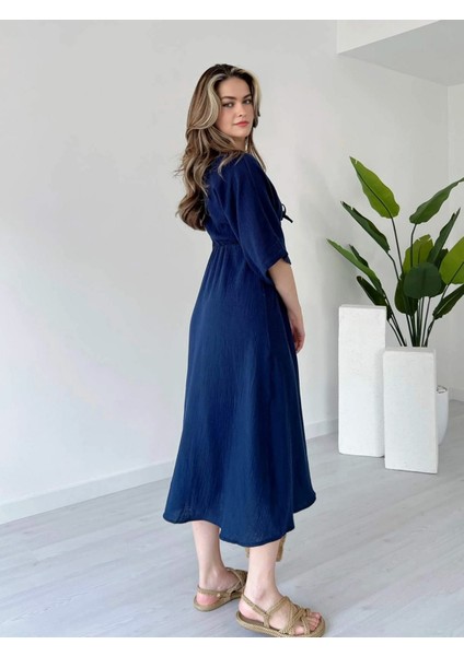 V Yaka Göğsü Bağcıklı Önü Yırtmaçlı Midi Boy Müslin Keten Elbise fırsatları
