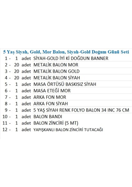 5 Yaş Siyah, Gold, Mor Balon, Siyah-Gold Doğum Günü Seti fiyatları