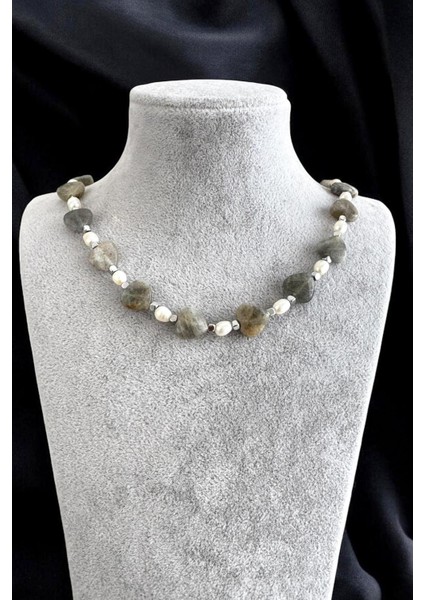 Labradorit-Hakiki Inci & Hematit Doğaltaşlı 925 Ayar Gümüş Malzemeli Kadın Kolye indirimleri