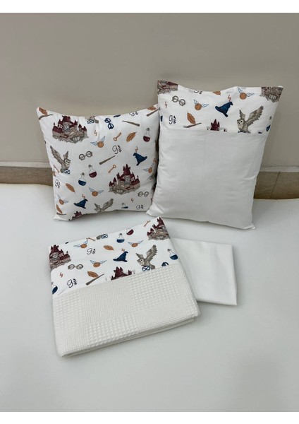 Krem Harry Potter Temalı Çocuk Çok Amaçlı Poplin , pikeli ve Ponponlu Nevresim Takımı 6'lı Set
