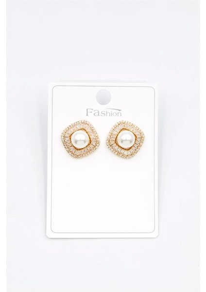 Incili Baget Taşlı Küpe - Altın