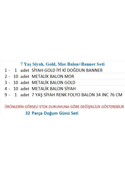 7 Yaş Siyah, Gold, Mor Balon+Banner Seti fiyatları