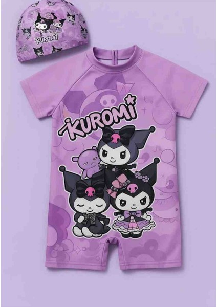 Kız Çocuk Kuromi Mor Fermuarlı Boneli Mayo