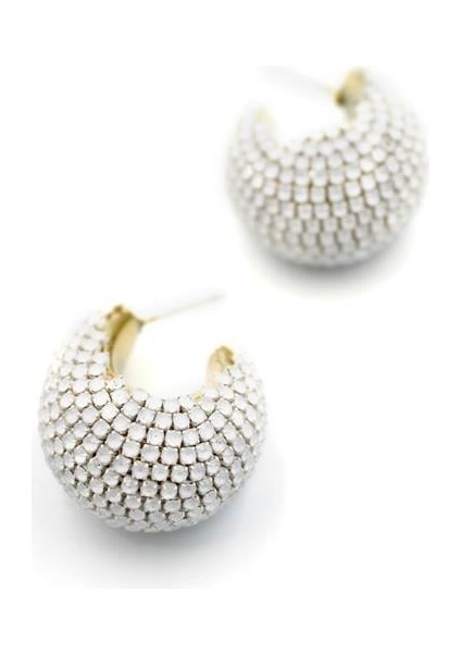 Taşlı Halka Küpe - Beyaz