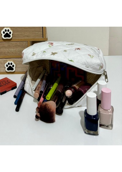 Soft Çiçek Desenli Kapitone Makyaj ve Kozmetik Çantası - Büyük Boy fiyatları