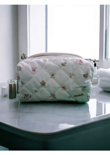 Soft Çiçek Desenli Kapitone Makyaj ve Kozmetik Çantası - Büyük Boy fırsatları